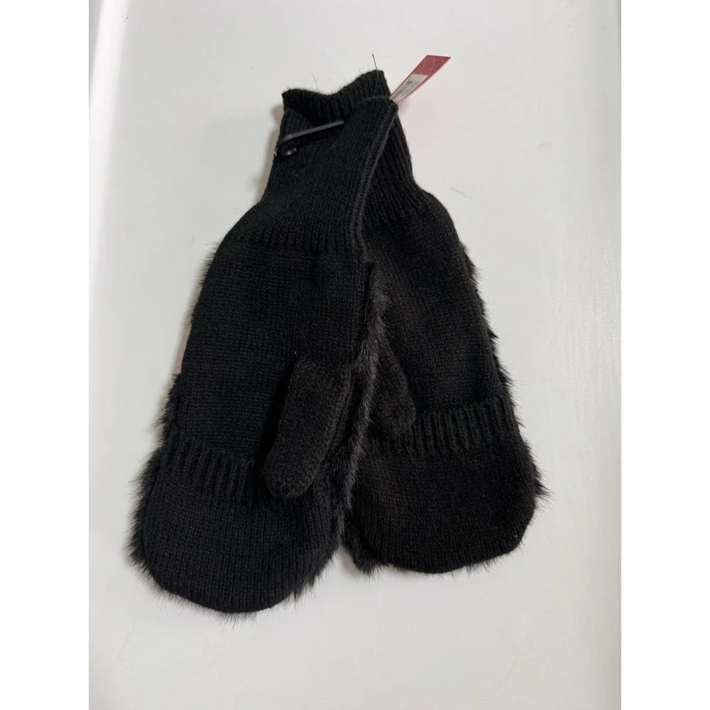 NWT Kelly & Katie Textured Tech Touch Screen Mittens Black Fuzzy Warm One Size